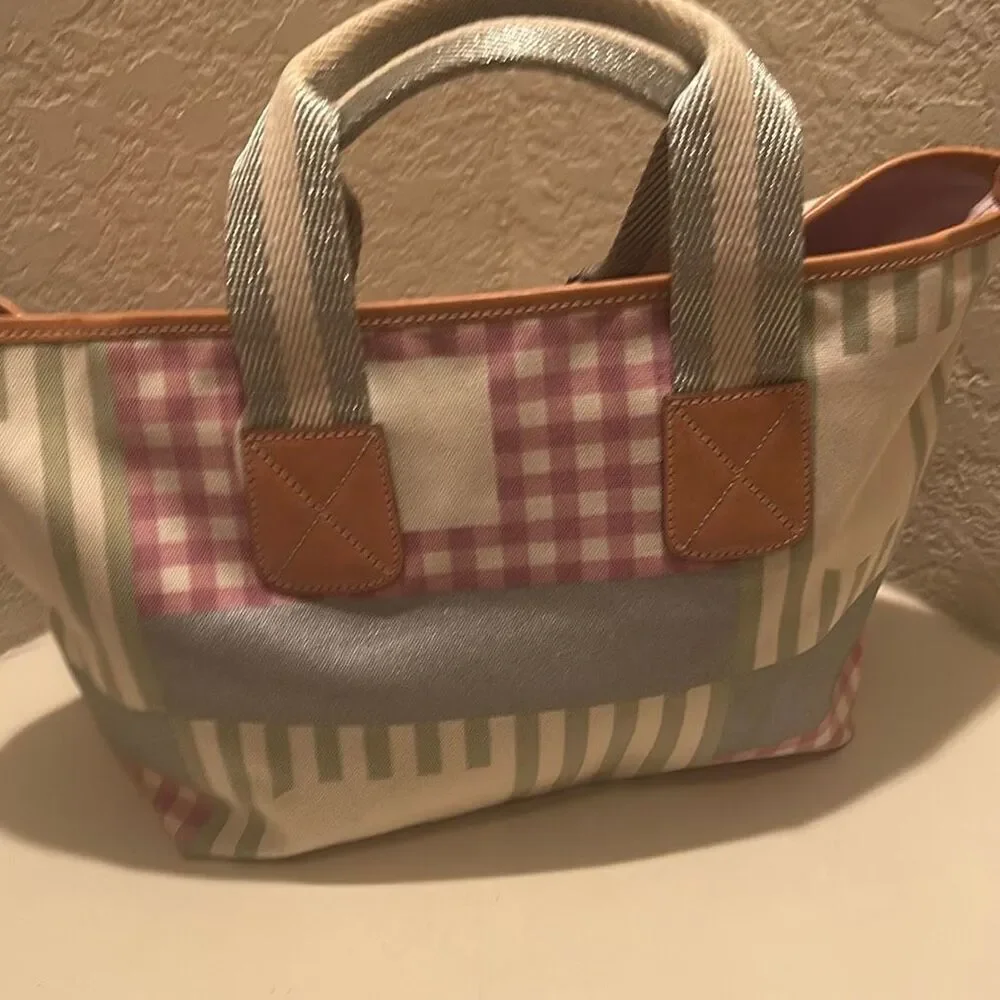 Bally Canvas Tote Bag Pastel Patchwork Plaid Handbag Preppy Coastal Stripe